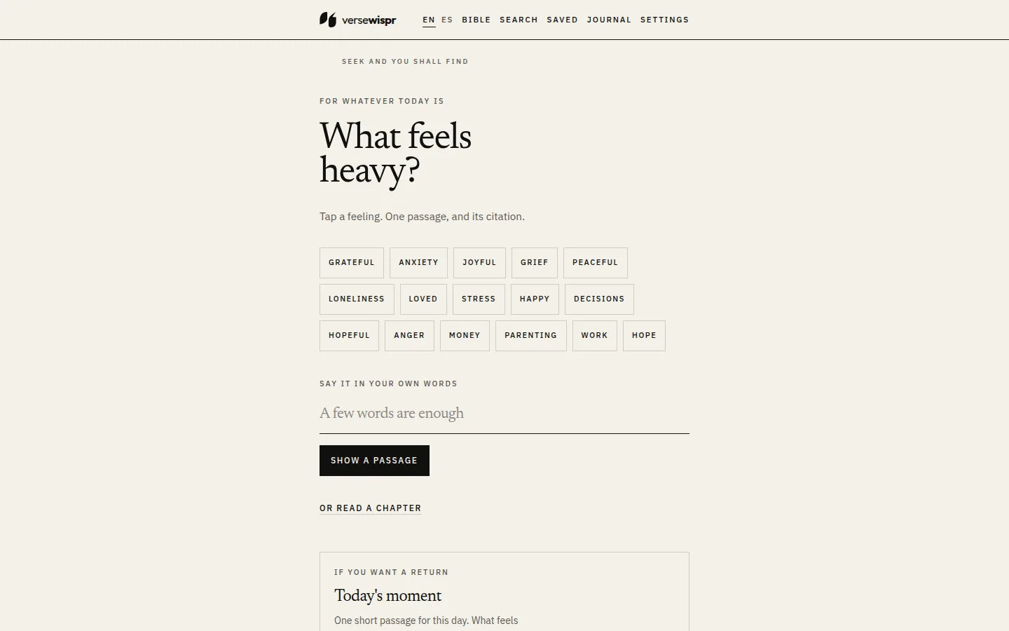 VerseWispr in a browser, asking what feels heavy.