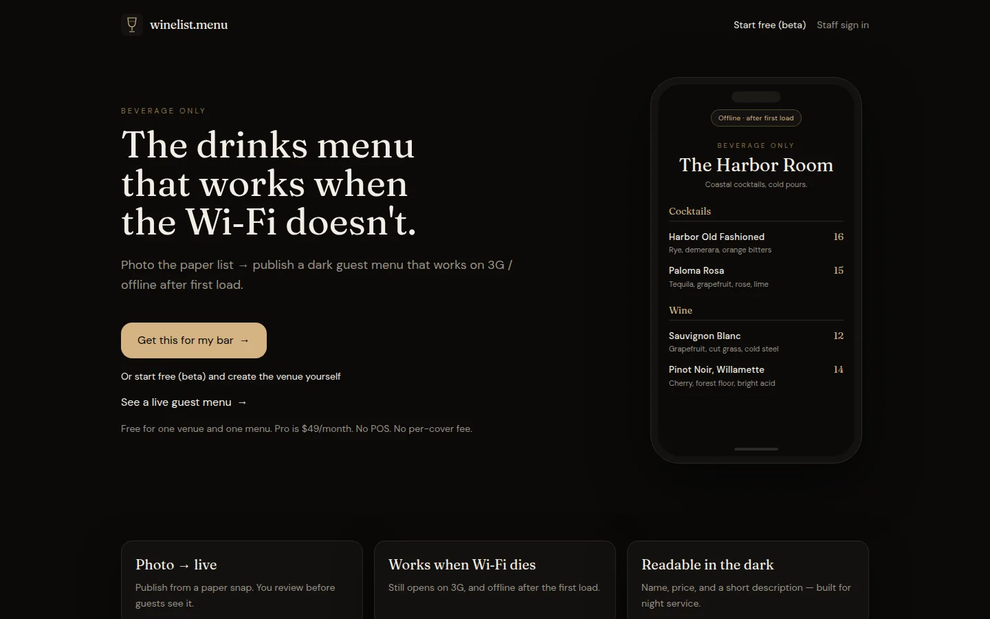 winelist.menu in a browser, showing a dark guest drinks menu.